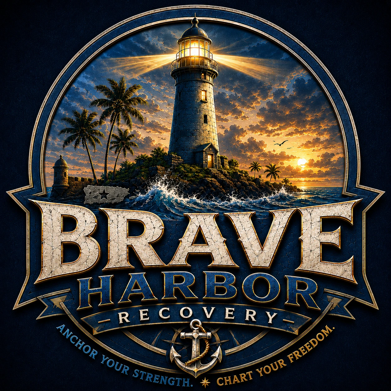 Brave Harbor Recovery lighthouse and anchor logo