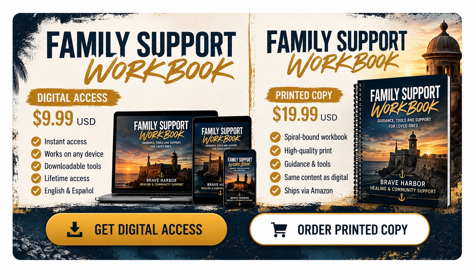 Family Support Workbook comparison showing Digital Access for $9.99 and Printed Copy for $19.99