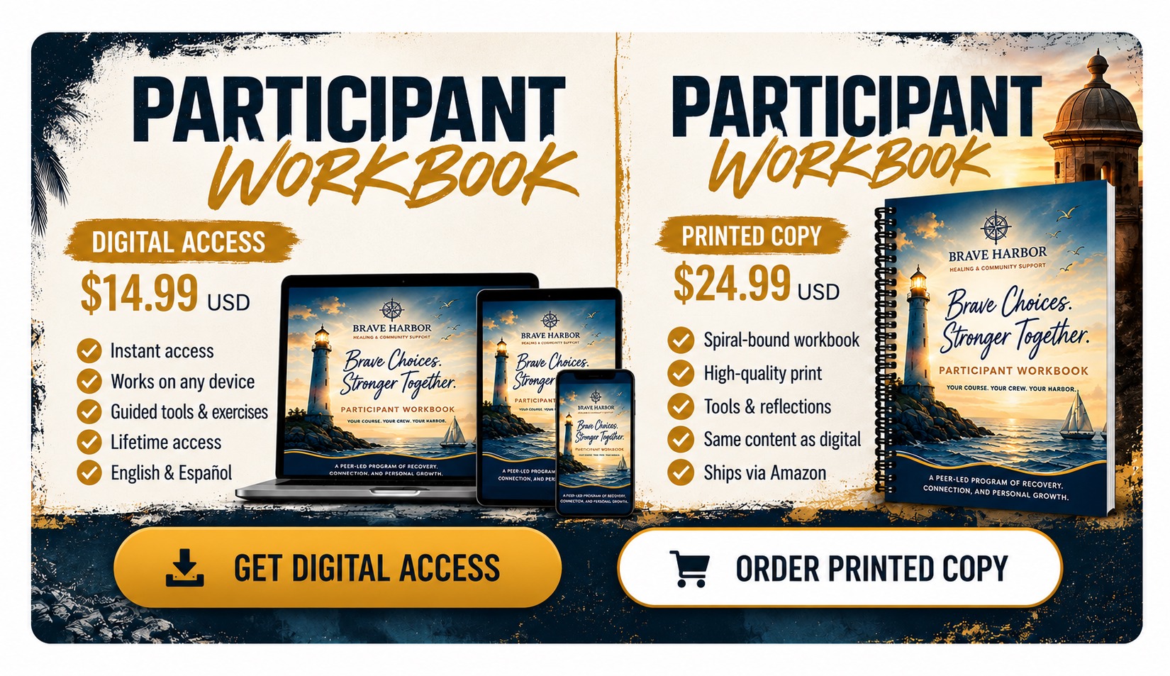 Participant Workbook comparison showing Digital Access for $14.99 and Printed Copy for $24.99